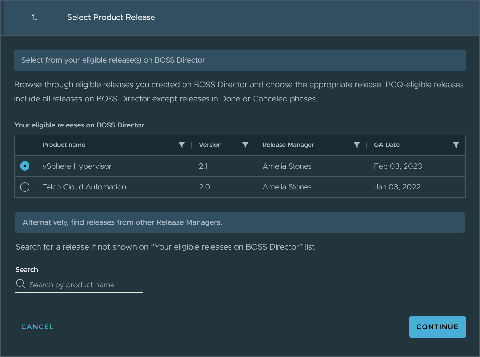 Screenshot of product selection process