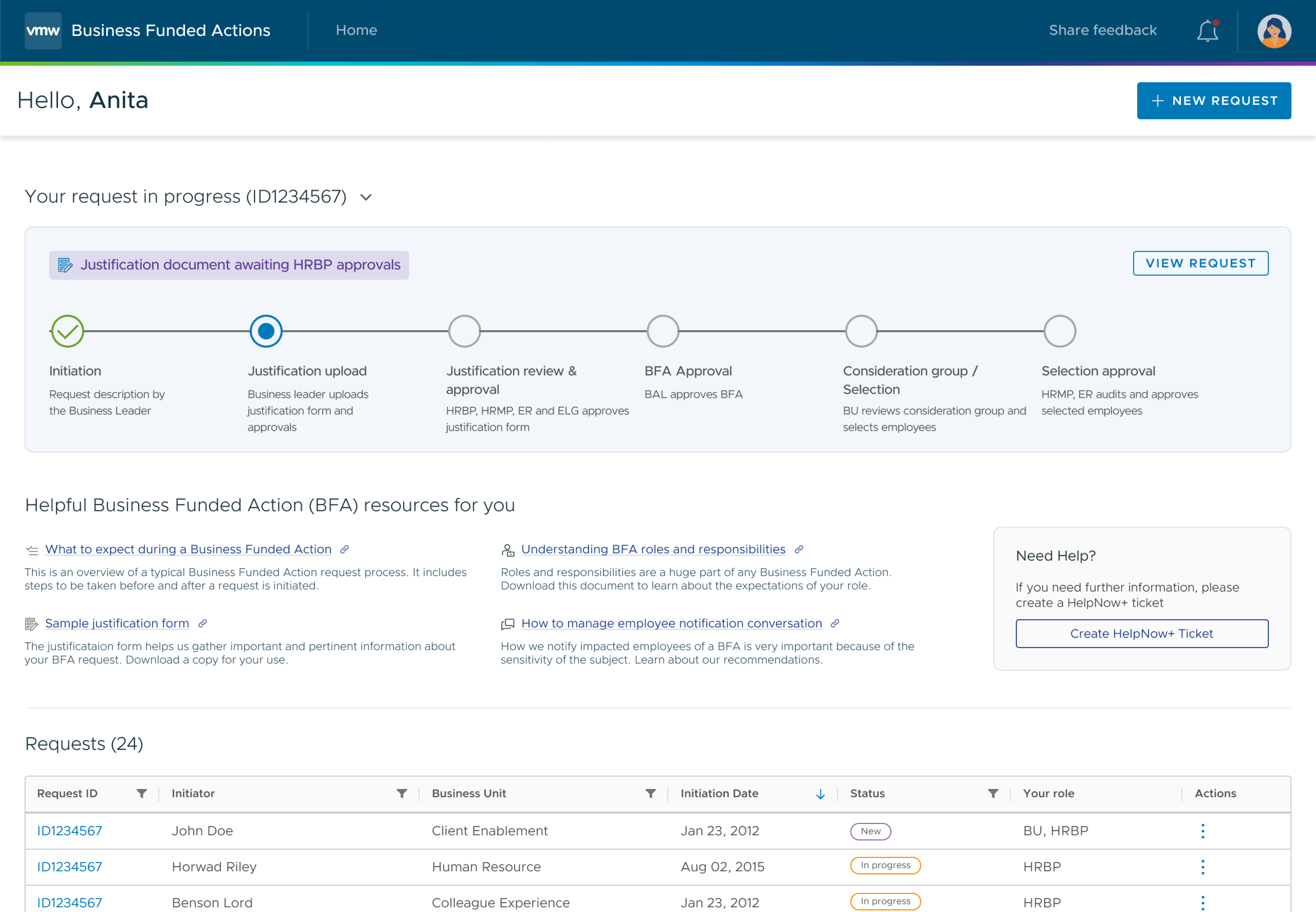 Screenshot of Business Funded Actions Tool