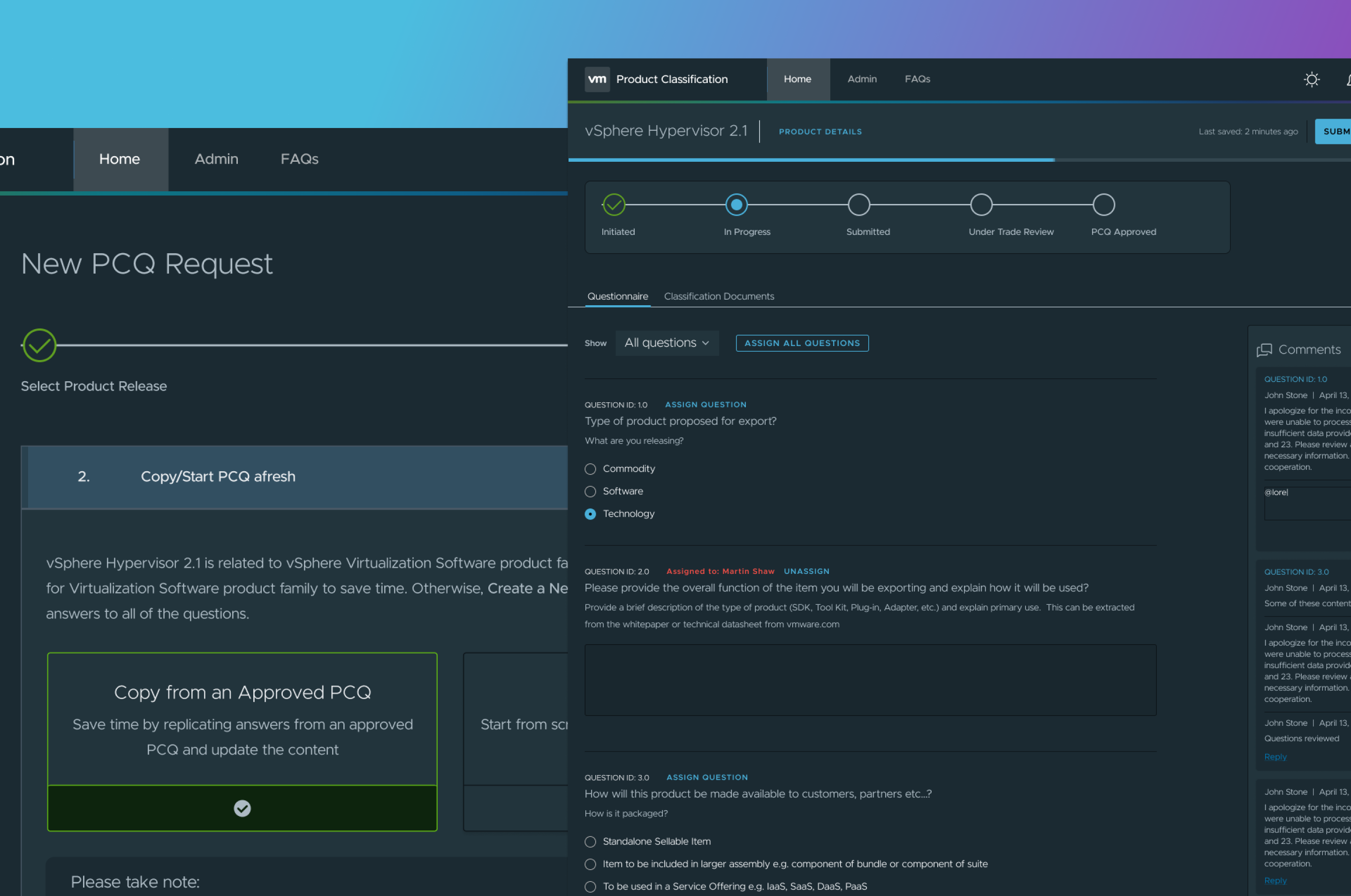 Screenshot of request and questionnaire pages